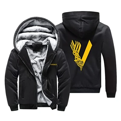 Imagen de JJLLAZAD Sudadera con Capucha Lana Vikinga para Hombre, Chaqueta Cremallera Completa Estampada Informal De Invierno, Cordón Harajuku Moda Cálida Lana,Black Yellow,XL