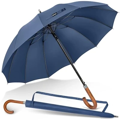 Imagen de KEYHOT Paraguas grande XL guarda chuva de Madera con Mango en J Resistente al Viento Apertura Automática para Hombres Mujeres （Azul zafiro）
