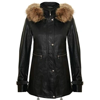 Imagen de Infinity Leather Abrigo para Damas de Cuero Negro con Capucha Desmontable XL
