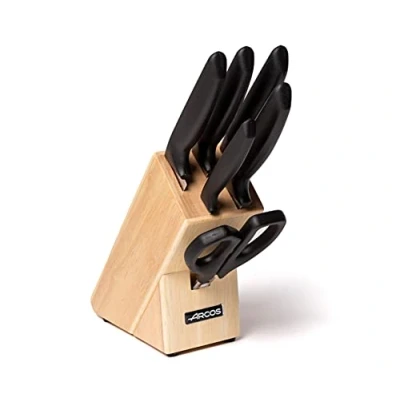 Imagen de Arcos Juego de Cuchillos Cocina. 6 piezas con bloque. 5 chef y 1 tijeras Acero Inoxidable. Mango ergonómico polipropileno para cortar carne, pescado verduras. Serie Niza. Color negro.