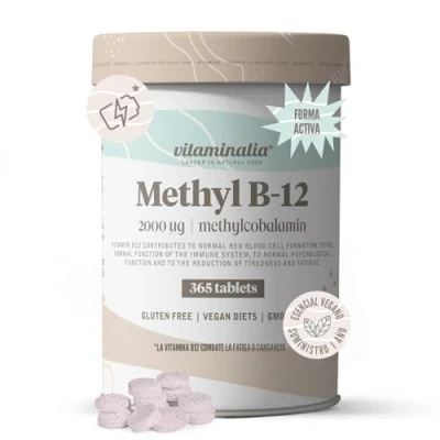 Imagen de Vitaminalia Vitamina B12 Metilcobalamina 2000mcg 365 Tabletas 1 Año de Suministro Forma Activa y Biodisponible No GMO, Vegano, Sin Gluten