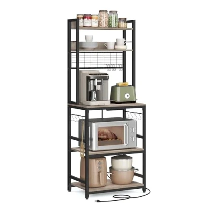Imagen de VASAGLE Estantería para Panadería con Toma de Corriente, Soporte Microondas, Cocina, Alambre Metal, 14 Ganchos, 40 x 60 170 cm, Greige y Negro KKS037B02EU