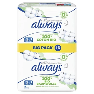 Imagen de Always Ultra compresas para mujer, tamaño 3, Cotton Protection Night, 48 con alas (3 x 16 unidades), paquete mensual, ultrafinas y súper absorbentes