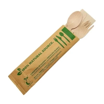 Imagen de Set de Cubiertos Madera Desechable; Tenedor, Cuchillo, Cuchara y Servilleta. Envueltos Individualmente. Biodegradables, Compostable. (25u.)
