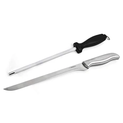 Imagen de FACKELMANN Nirosta Saphir Set cuchillo Jamonero + Chaira, enterizo de acero inoxidable, chaira con parte funcional en inox., mango ABS negro, cuchillo: 35x3x2,5cm, chaira: 31x3,5x2cm, 1ud.