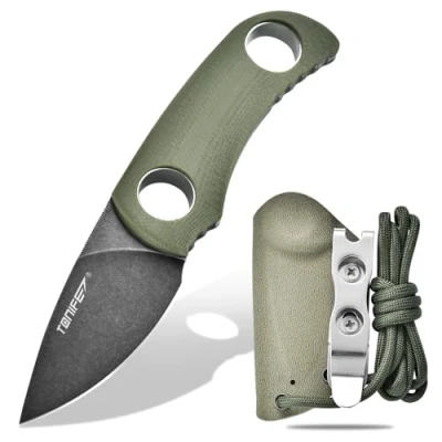 Imagen de TONIFE Cuchillo de Hoja Fija 4,7cm, Mini Cuello con Funda Kydex y Cordón, Fijo Portátil EDC para Supervivencia al Aire Libre (Verde+Óxido negro luego Stonewash)