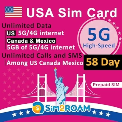Imagen de Tarjeta SIM prepaga de EE. UU.Datos Internet 5G/4G ilimitados en UU. (Incluido Hawái)+5 GB Datos Canadá y MéxicoLlamadas Textos Entre UU., CA MXRecargable (58 Días)