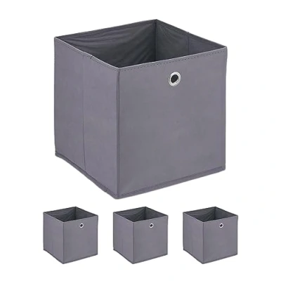 Imagen de Relaxdays Caja Cajas Almacenaje con Asas Redondas en Set de 4, Cajones Plegables para Estanterías, 30 x cm, Gris, Tela no Tejida