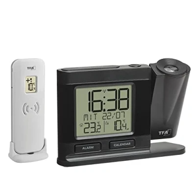 Imagen de TFA Dostmann 60.5018.01 Reloj Despertador Digital con proyección de 270, transmisor Exterior, Fuente alimentación, Regulable, Color Negro, 149 x 38 104 mm