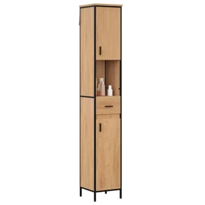 Imagen de EUGAD Armario Baño Alto, Columna con 2 Puertas y 1 Cajón, Mueble Pies Estantes Ajustables, Alto Estrecho para o Cocina, 30x30x180 cm, Roble Claro+Negro