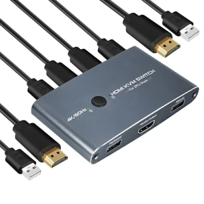 Imagen de Switch KVM HDMI 2 puertos 4K 60 Hz, Aluminio Conmutador USB, para Ordenadores Conectar 1 Monitor HD y Teclado, Ratón, Impresora, Disco U