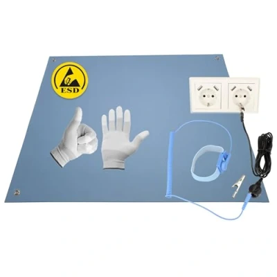 Imagen de Minadax 120 x 60 cm, antiestática ESD, para ordenador, resistente a los estaños, incluye manguito + extensión de 2,4 m guantes ESD GR L