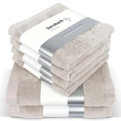Imagen de herzbach home Juego de Toallas Premium 6 Piezas (Gris Arena) 4 50x100cm &amp; 2 Ducha 70x140cm, Suave absorbentes en algodón Natural (550 g/m²)