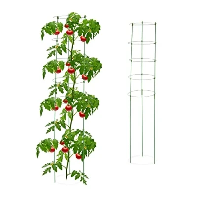 Imagen de Relaxdays 2 Jaulas Tomates, Soporte Plantas Trepadoras, Tutores Enredaderas, 5 Anillos, Hierro y Plástico, 150 cm, Verde