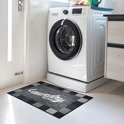 Imagen de Ottomanson Laundry Alfombra, base de goma, diseño bordeado cuadros, 67 x 90 cm, color negro