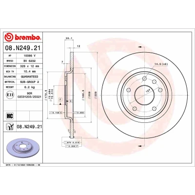 Imagen de BREMBO 08.N249.21 Disco de freno 328 12 6 macizo revestido altamente carbonizado DODGE: Journey MPV, FIAT: Freemont, CHRYSLER: GRAND 5OYAGER 5