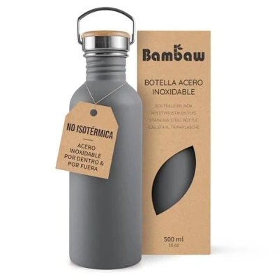 Imagen de Bambaw Botella agua acero inoxidable 500ml No Térmica, de gris, niños, gimnasio, metálica Gris antracita