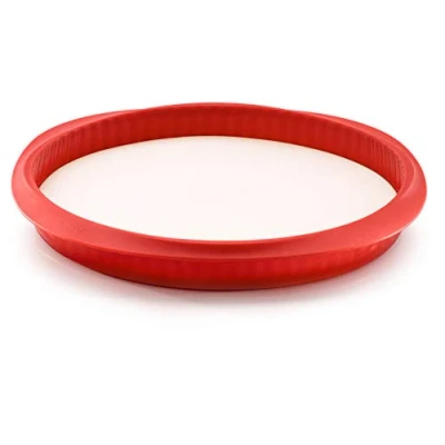 Imagen de Lékué Molde repostería desmontable Quiche duo con plato de cerámica, silicona platino Rojo, 28 cm