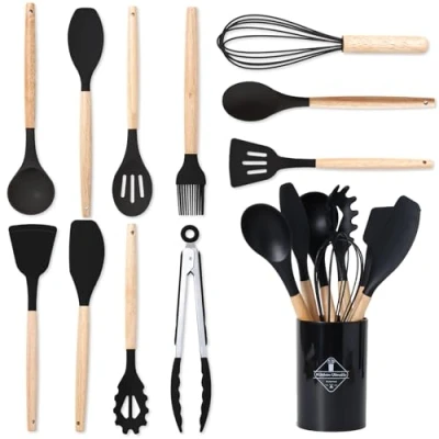 Imagen de BASVII 12 Piezas Juego de Utensilios Cocina Silicona, Fabricado en Silicona y Mangos Madera, Resistente al Calor Antiadherente, Apto para Todas Las Ollas Sartenes (Negro)