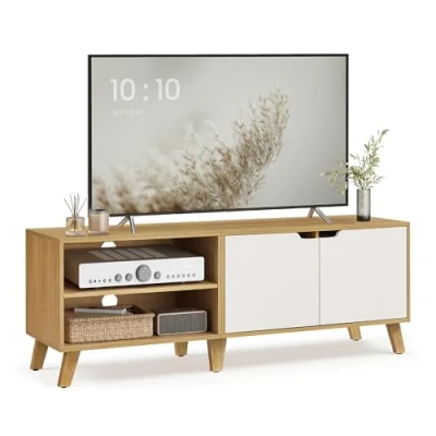 Imagen de VASAGLE Mueble de TV 2 Puertas, Soporte con Estantes Ajustables, Largo 140 cm, para Televisores 60 Pulgadas, Salón, Comedor, Dormitorio, Roble Natural y Blanco Crema LTV027N01