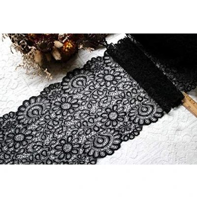 Imagen de Yulakes Tela de encaje para manualidades 2,74 m largo, 22 cm ancho, color blanco y negro, accesorios costura, decoración, vestidos, ribetes elástico (negro)