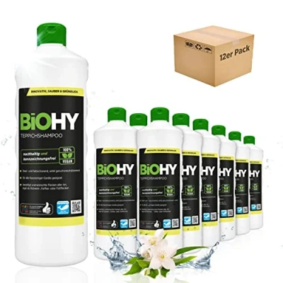 Imagen de BiOHY Champú para alfombras (12 botellas de 1 litro) Limpiador concentrado elimina las manchas rebeldes bien tolerado por los animales amigable con materiales (Teppichshampoo)