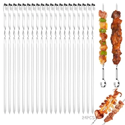 Imagen de Gxlaihly 24 Piezas Brochetas barbacoa,Brochetas de metal,Brochetas acero inoxidable,Pinchos para barbacoa reutilizables,para fiestas barbacoa(30cm)