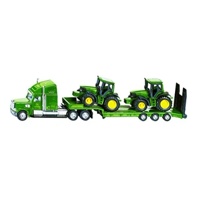 Imagen de siku 1837, Camión de plataforma baja con dos tractores John Deere, 1:87, Metal/Plástico, Verde, Portón posterior plegable