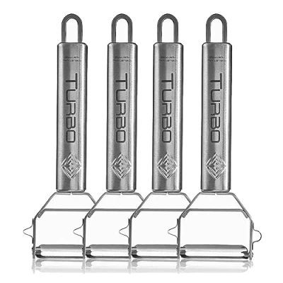 Imagen de TURBO PRODUKTE 4 peladores de acero inoxidable para frutas y verduras hacia adelante atrás con hoja colgante zurdos diestros función 3 en 1