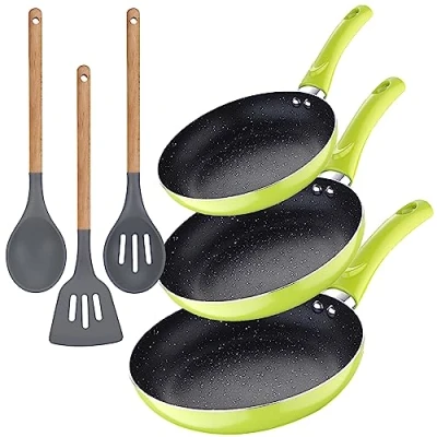 Imagen de Set 3pc sarten (20+24+28cm) aluminio prensado verde con utensilios de cocina silicona madera
