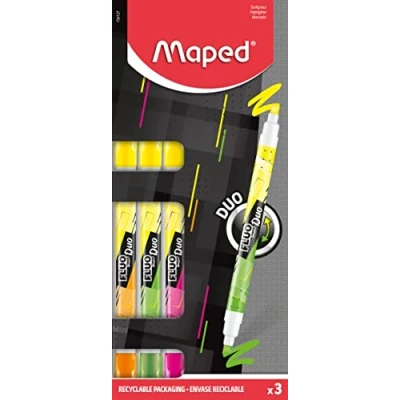 Imagen de Maped Material Escolar Subrayadores Fluo Duo Dos Puntas de Colores Distintos Punta Biselada con Trazo 1 a 5 mm Gran Vida Útil Disponible en Amarillo, Rosa, Verde y Naranja