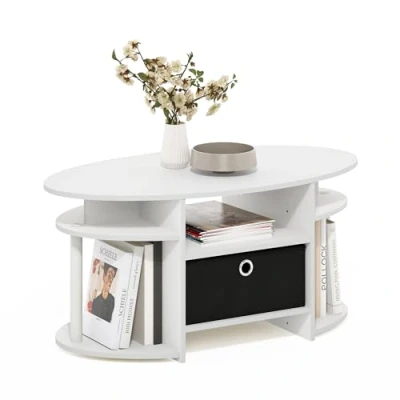 Imagen de Furinno Jaya Mesa de Centro Ovalada con contenedor, Madera ingeniería, Blanco/Blanco/Negro, 12,04 (P) x 41,66 (An) 50,04 (Al) cm