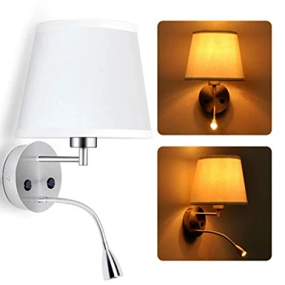 Imagen de BarcelonaLed Aplique Lámpara LED de Pared para Bombilla E27 con Foco Luz Lectura Orientable Flexible 1W Dormitorio Cabezal Mesilla Noche Pantalla Textil Blanco y Dos Interruptores