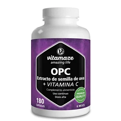 Imagen de OPC Extracto de Semilla Uva + Vitamina C, 450 mg Certificados 100 180 Cápsulas para 6 Meses, Suplemento Alimenticio Natural sin Aditivos, Made in Germany