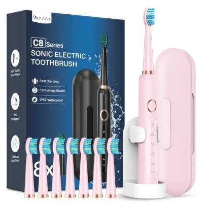 Imagen de Cepillos de Dientes Electricos Sónico Adultos con 8 Cabezal Cepillo Electrico Estuche, 5 Modos y IPX7, Una Carga por 120 Días Uso, Mujer Hombres, Rosa Cereza