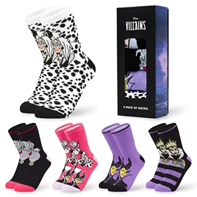 Imagen de Disney Calcetines Altos, Conjunto Divertidos para Mujer, Pack de 5 Pares (Morado/Rosa Villains)