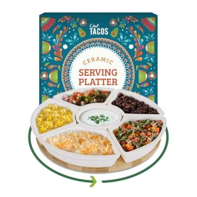 Imagen de Chef Tacos Bandejas para Servir Comida Bandeja Cocina Cerámica Giratoria Madera Tapas y Aperitivos Fuente Patatas Fritas Aceitunas Salsas Plato 26 cm