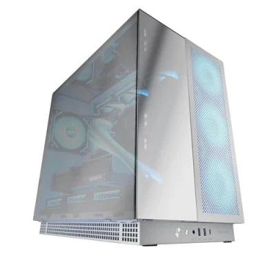 Imagen de MARSGAMING MC NOVA3, Caja Gaming Custom XXL E ATX, Tripe Cristal Cromado Continuo Sin Marco, Soporte Completo Refrigeración Líquida, Aluminio Aeroespacial 2mm, Torre PC con Doble Cámara, USB C, Blanco