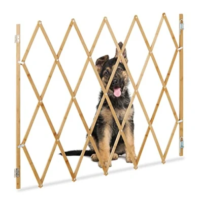 Imagen de Relaxdays Barrera Seguridad Perro, Valla Escaleras Plegable hasta 130cm, 87,5 100cm Alto, Reja Protección Bambú, Natural, Hierro