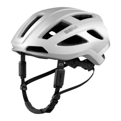 Imagen de Sena C1 Smart Helmet para ciclismo con intercomunicador Bluetooth y conectividad el smartphone música, GPS llamadas telefónicas (Blanco mate, L)