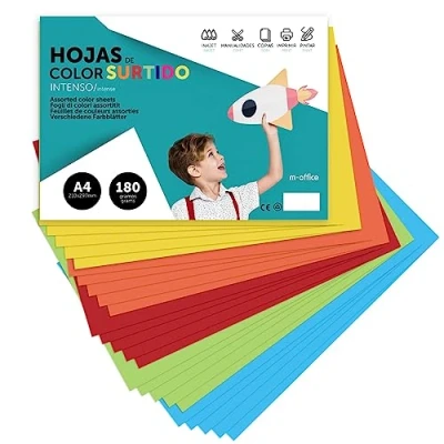 Imagen de Cartulina de Colores, A4 Colores Surtidos Intenso, Folios 180gr para Manualidades, Imprimir Documentos y Diseños Creativos, · m office (x1000 Surtido Intenso)