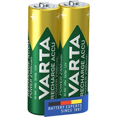 Imagen de VARTA Pilas AA, recargables, paquete de 2, Recharge Accu Power, batería recargable, 2100 mAh Ni MH, sin efecto memoria, precargadas, listas para usar
