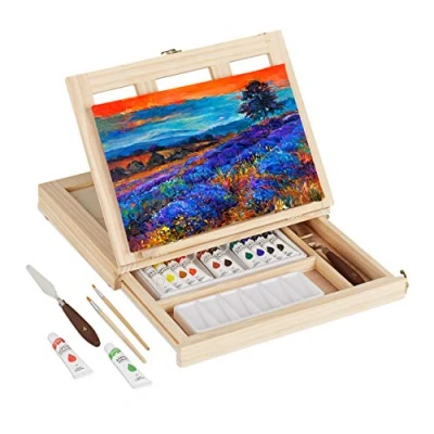 Imagen de Relaxdays Caballete Mesa y Kit de Pintura, Piezas, Lienzo, Pincel, Acrílicos, Espátula Paleta, Ajustable, Natural, 19 tlg