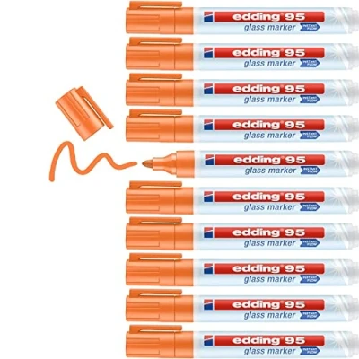 Imagen de edding 95 marcador para cristal naranja 10 rotuladores borrable vidrio punta redondeada 1,5 3 mm escribir y marcar en ventanas pizarras de borrado seco