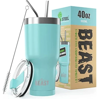 Imagen de BEAST Termo Café para Llevar 1050ml I Azul Aguamarina Taza Térmica de Acero Inoxidable Reusable Viajera Doble Pared al Vacío 2 Pajitas y Cepillo Limpieza