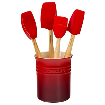 Imagen de Le Creuset Set de 4 espátulas y bote para cerámica gres, 1.1 L, Cereza, 91057001060000