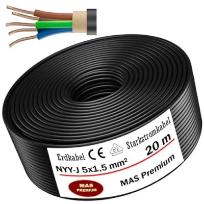 Imagen de cable de alimentación subterráneo 5 a 100m, NYY J 5x1,5 mm², anillo eléctrico para instalación al aire libre, tierra (20 m)