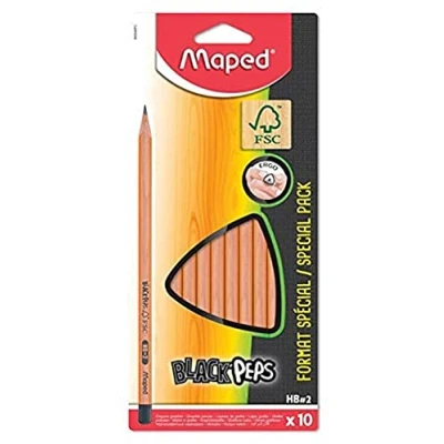 Imagen de Maped Lápices de Grafito Colección Black Peps Clásico Extremo Pintado Pack con 10 Lapiceros Madera HB Minas Resistentes y Fáciles Afilar Agarre Ergonómico