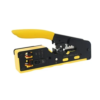 Imagen de YIOVVOM Herramienta de crimpado RJ45 paso / pelacables cortador cables para RJ11/RJ12 estándar, conectores (pelacables amarillo)