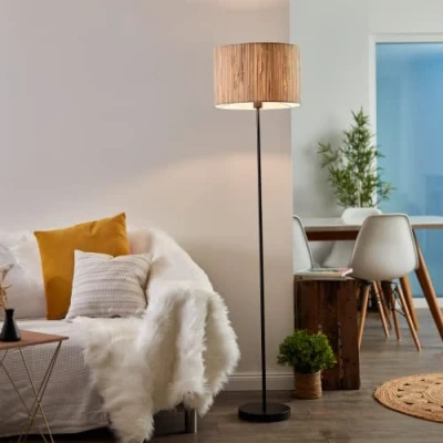 Imagen de lámpara de pie Nature decorativa con pantalla hierba marina e interruptor casquillo E27 52 W máx. 162 cm altura y 38 diámetro metal en